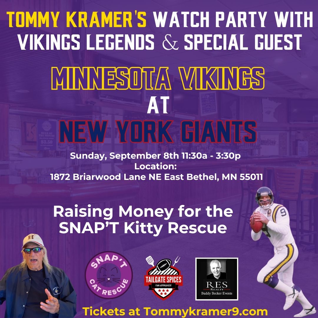 I’m teaming up with Jesse Ventura and fellow Vikings Legends for a special Vikings watch party! It’s all for SNAP'T Cat Rescue. Let’s make a difference together, join us for the fun and the cause! Tickets at tommykramer9.com