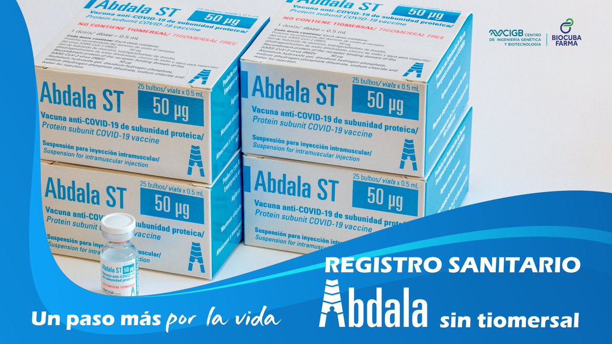 Vacuna #Abdala_ST –sin tiomersal– recibe el Registro Sanitario emitido por el CECMED. Esta es una alternativa para la vacunación anti-covid-19 de personas sensibles o #alérgicas al #tiomersal. 
<a href="/CIGBCuba/">CIGBCuba</a> ¡un paso más por la vida!