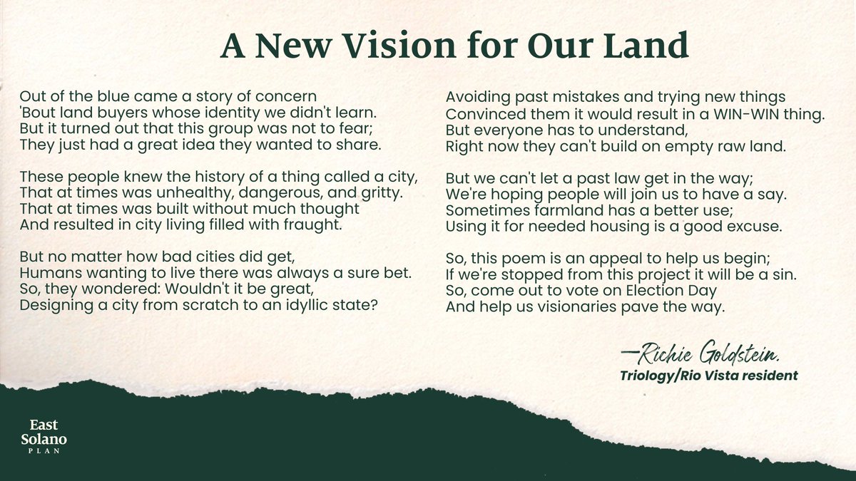 Trilogy/Rio Vista resident, Richie Goldstein, recently wrote a poignant  poem in the Rio Vista Beacon supporting the East Solano Plan. His words  champion thoughtfully planned communities, highlighting how they lead to a