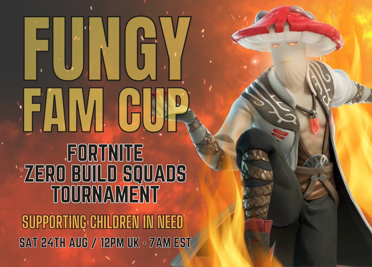 Fungyfam ZB Squads Torunament commences at 12pmUK/7am EST if you have a squad of 4 and would like to be apart of this event join the FungyFam discord and message Fungusai or a moderator. twitch.tv/fungusai

discord.com/invite/Xqq3uqPw

#charity #Fortnite #fundraiser #twitch