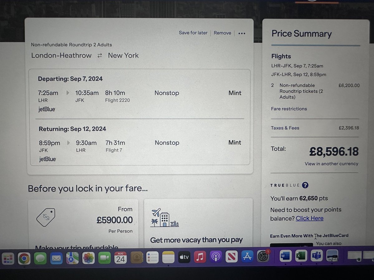 LeeCampion's tweet photo. @JetBlue It is still the exact same cost, I’ve just tried again.
It was purchased and card details inputted and then your website crashed.
So due to greed, you have no sale https://t.co/HfmalUnNdY