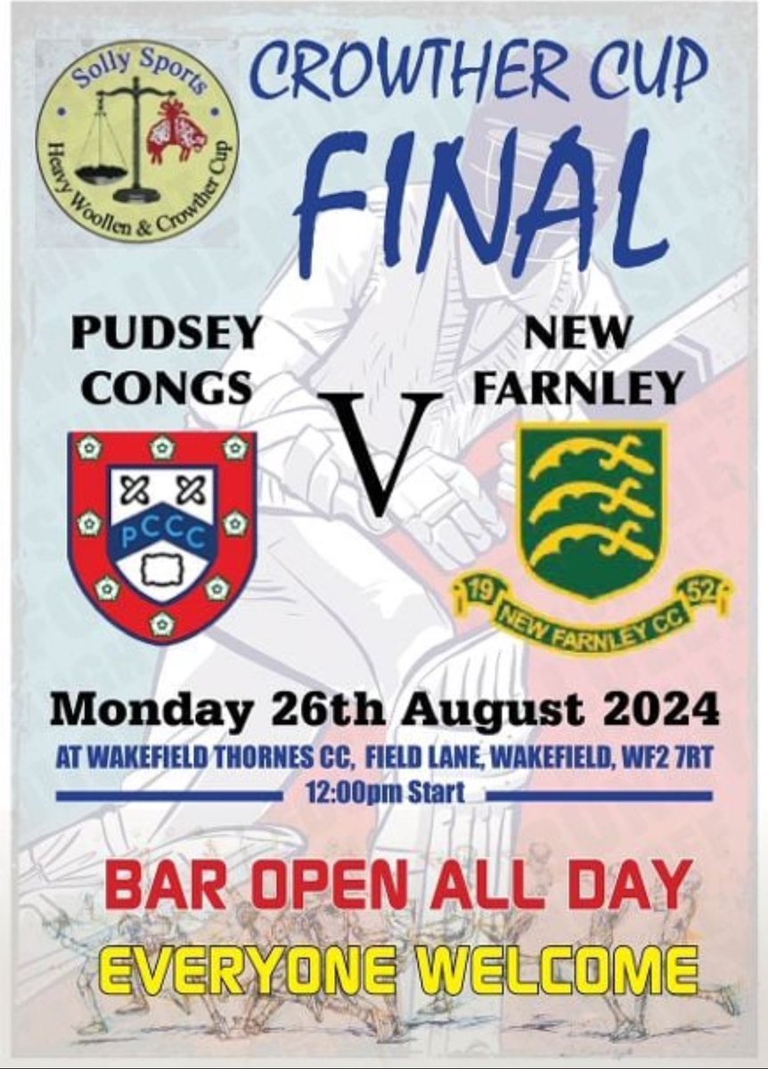 We are hosting the Crowther Cup final between Pudsey Congs and New Farnley this Bank Holiday Monday. The bar will be open all day and everyone is welcome.