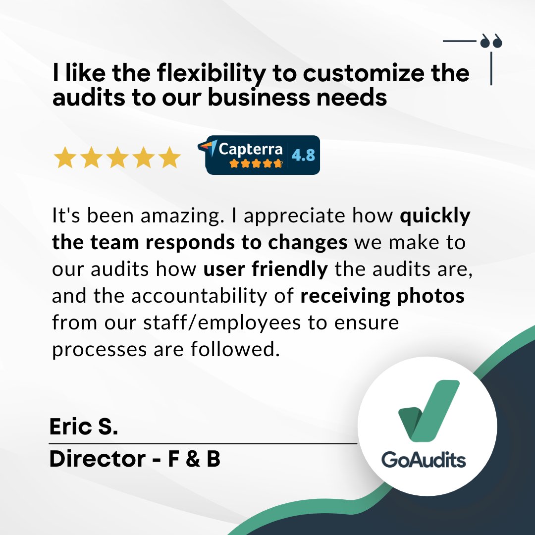 goaudits's tweet image. Here&apos;s what Eric, a Director in the #Food &amp;amp; #Beverage industry has to say about GoAudits 👇

#GoAudits #audits #inspections #quality #business #customer #growth