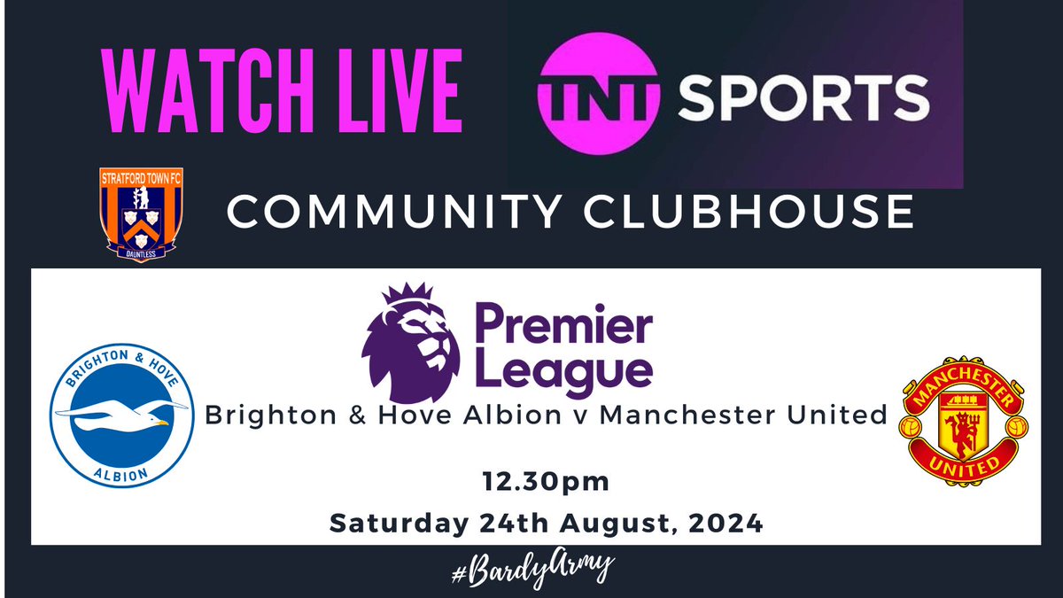 StratfordTownFC's tweet photo. The early Premier League fixture between Brighton and Hove Albion and Manchester Utd will be shown live in the Community Clubhouse on Saturday kicking off at 12.30pm. Get to the stadium early and relax before the main event. #ItsOnlyLiveOnce https://t.co/DvviDC3Xpf