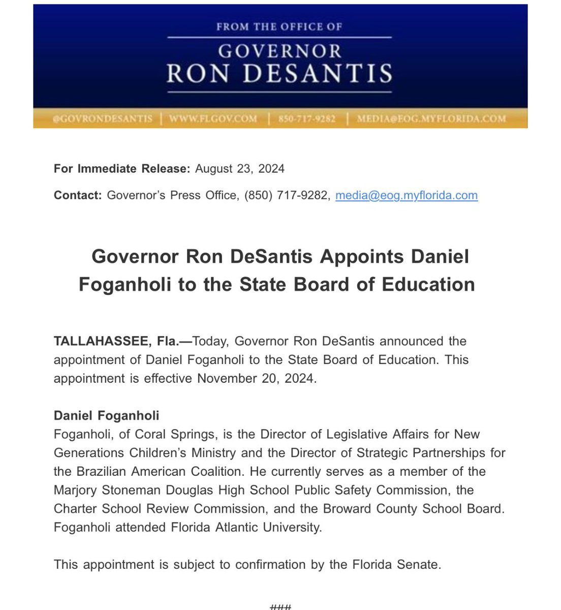 My story on <a href="/DanFoganholi/">Daniel Foganholi</a>’s appointment to FL Board of Education will be posting soon.