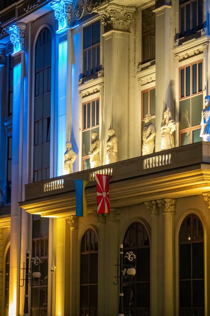 MFA_MKD's tweet photo. As we celebrate 🇺🇦 Flag Day and Independence Day, the building of 🇲🇰 @MFA_MKD is illuminated in blue and yellow.

The Macedonian and Ukrainian people stand united in defending our shared values, and we will continue to fully support Ukraine until victory and peace are secured. https://t.co/QHocnuiB4R