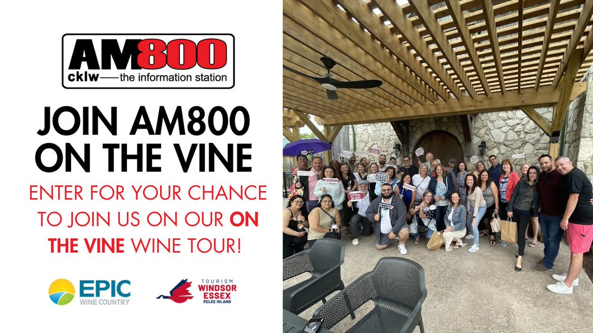 We’re taking a group of our valued listeners on an exclusive tour wine tour with your favourite AM800 personalities with stops at <a href="/OxleyWine/">OxleyEstateWinery</a>, <a href="/SprucewoodWine/">Sprucewood Shores</a> &amp; <a href="/VivaceWinery/">Vivace Estate Winery</a>!

Listen daily for your chance to win! Details at am800cklw.com

<a href="/TWEPI/">Tourism Windsor Essex</a> <a href="/EPICWineries/">EPIC Wineries</a>