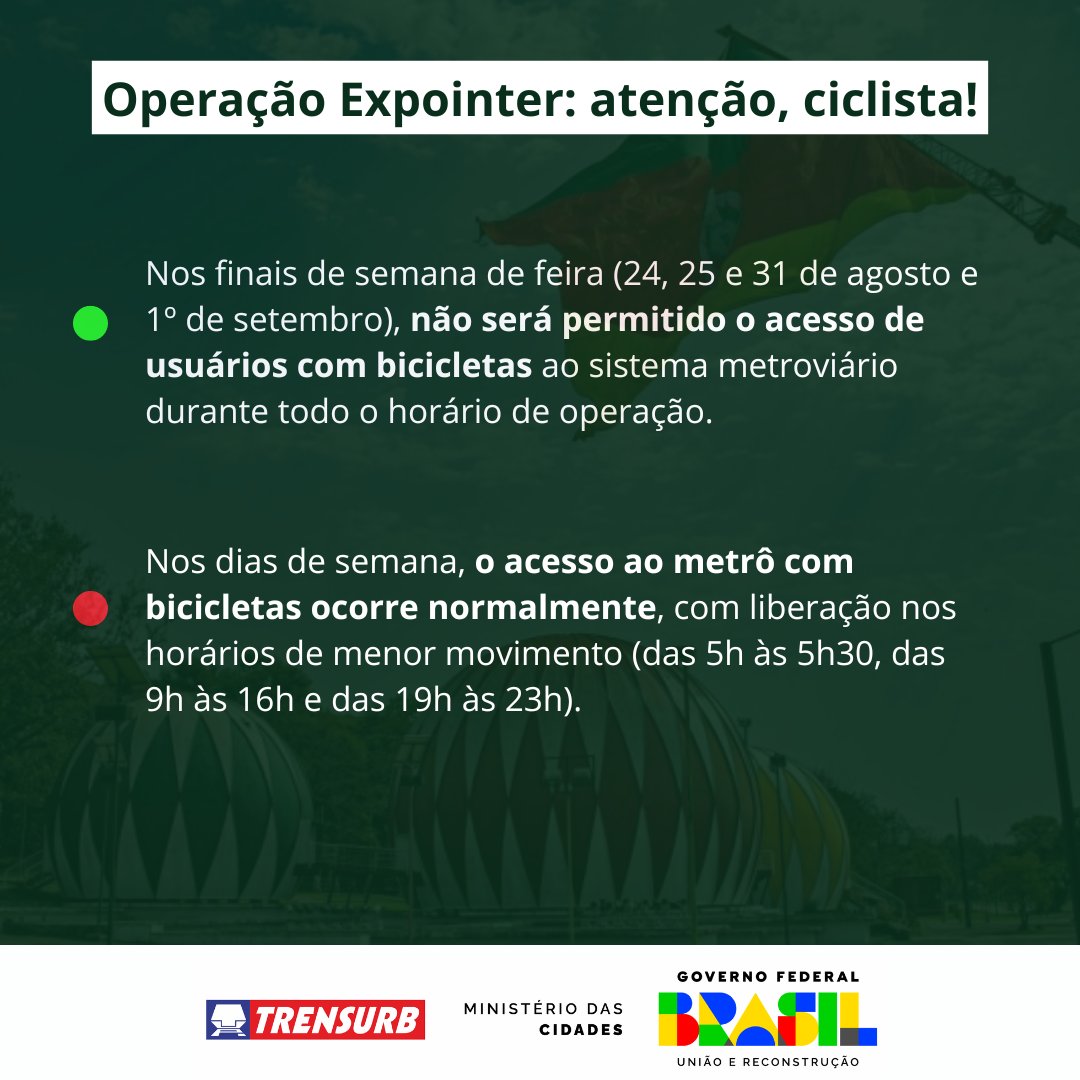 Trensurb's tweet image. 🚳 Nos finais de semana de feira (24, 25 e 31 de agosto e 1º de setembro), não será permitido o acesso de usuários com bicicletas ao sistema metroviário durante todo o horário de operação.
#TrensurbInforma #Expointer2024