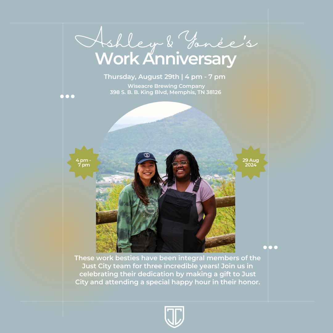 Just City is excited to invite you (yes, you!) to a special happy hour next Thursday, August 29th from 4 pm-7 pm at Wiseacre HQ celebrating Ashley Peterson and Yonée Gibson’s three-year work anniversary!

You can RSVP for the celebration at the link in our bio. See you there! 🎉