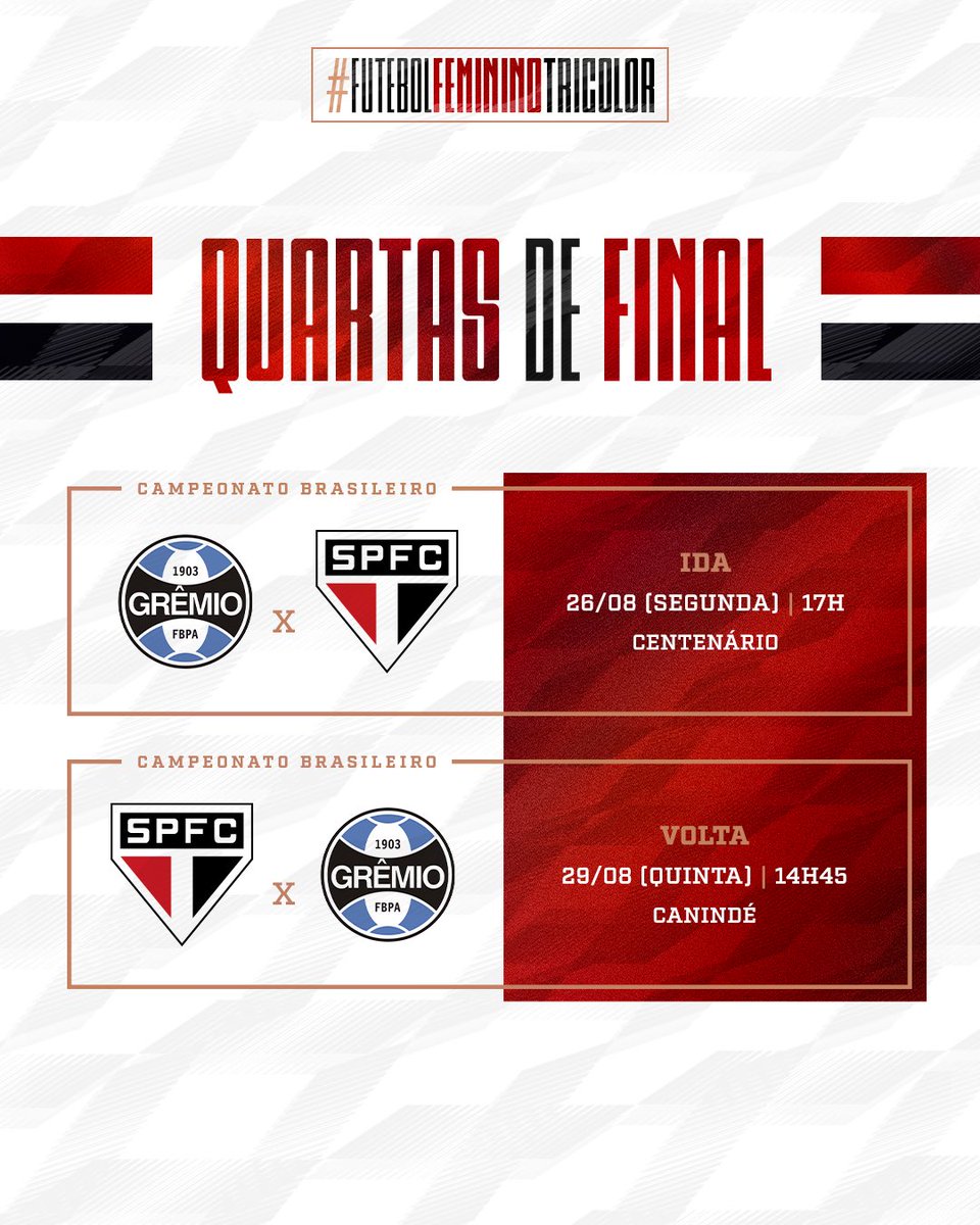 SaoPauloFC_Fem's tweet photo. 🗓 Confrontos das quartas definidos:

🏆 @BRFeminino

⚽️ Grêmio 🆚 São Paulo
🏟️ Centenário
📍 Caxias do Sul (RS)
🗓️ 26/08
⏰ 17h

⚽️ São Paulo 🆚 Grêmio
🏟️ Canindé
📍 São Paulo (SP)
🗓️ 29/08
⏰ 14h45

📺 TV Brasil e Goat

#FutebolFemininoTricolor
#VamosSãoPaulo 🇾🇪 https://t.co/4T7cXD6GxS