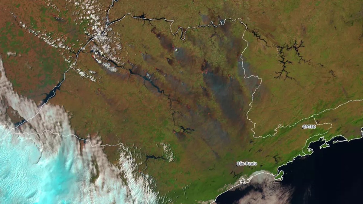 metsul's tweet photo. 🔴 AGORA | Impressionante a quantidade de fumaça sobre São Paulo. Número de queimadas explodiu no estado. Ontem, sobrevoamos o interior paulista e a camada de fumaça chegava a ser marrom em vários pontos. ▶️ https://t.co/GkqmORMJnc https://t.co/EdG7TKPUL8