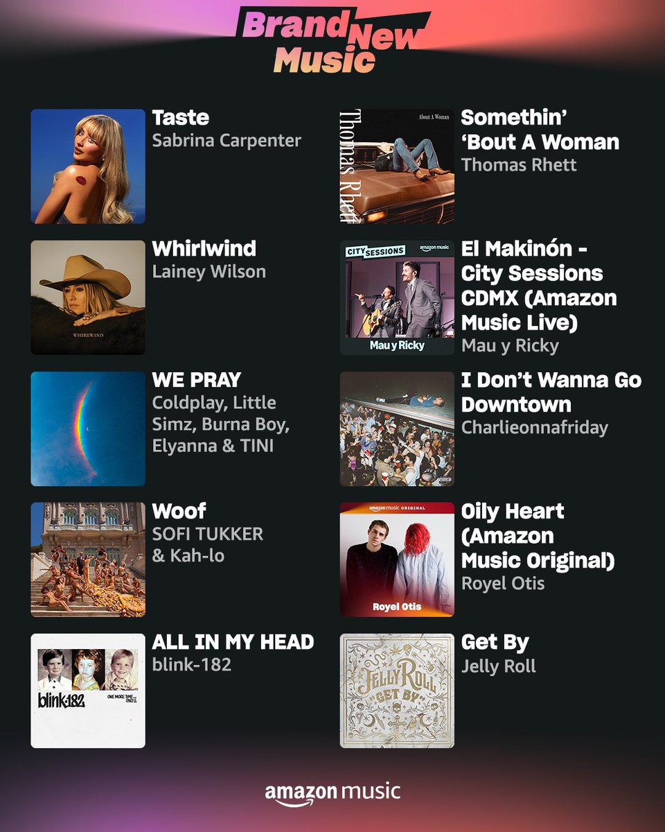 soak up some sun and chill to new drops from <a href="/SabrinaAnnLynn/">Sabrina Carpenter</a>, <a href="/blink182/">blink-182</a>, <a href="/JellyRoll615/">Jelly Roll</a>, <a href="/sofitukker/">SOFI TUKKER</a>, and more now on Amazon Music! 🌞

🎶: amzn.to/BrandNewMusic