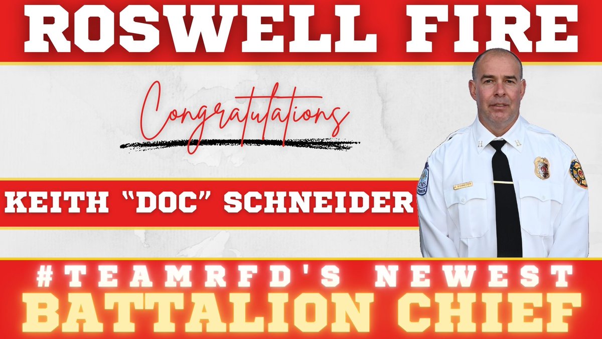 RoswellGAFire's tweet photo. Congrats to Keith Schneider on his promotion to Battalion Chief! With 24 years at #TeamRFD and nearly 30 years in the fire service, his leadership has been a valuable asset to our team. Please join us in congratulating Chief Schneider! #PublicSafety #Leadership https://t.co/OJl7Cm70e4