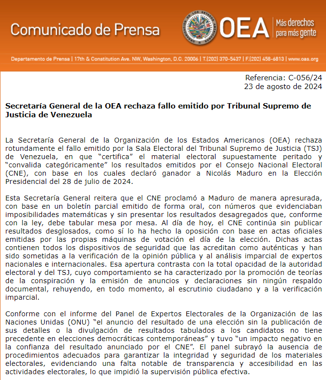 #RTPMundo
🇻🇪La #OEA rechaza el fallo emitido ayer por el Tribunal Supremo de Justicia de #Venezuela que avala la victoria de Nicolás Maduro en las elecciones presidenciales.