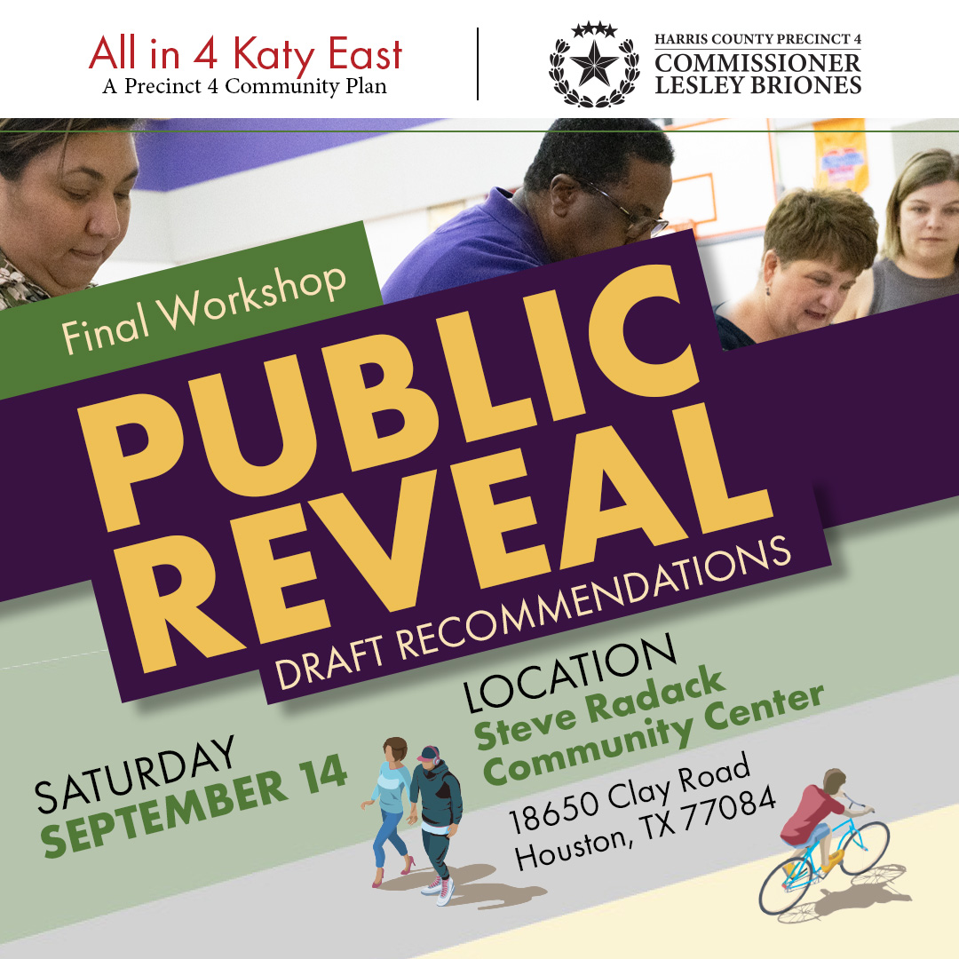 HCPrecinct4's tweet photo. You gave us your feedback, and we implemented it!
Join Commissioner Briones as we unveil the All in 4 Katy East Community Plan! 

🗓️Sept. 14 (2-4 p.m.)
📍Radack Community Center
👉 Learn more/ RSVP: https://t.co/WOvjCHoXZG

#KatyEast #CommunityPlan #HCPrecinct4 https://t.co/u4AwCumBWw