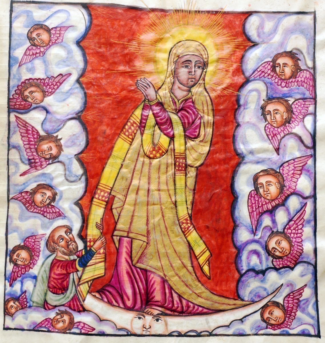 "O Sweet Perfume of Jeremiah,
the flower of your womb is the Prosphora!
When wonder carried you away, O Virgin,
with a wondrous scent,
the hosts adorned with thunderbolts
received you in glory!"

Ethiopia, 19th–20th c.   #StMary #assumption #africanpoetry #africanart