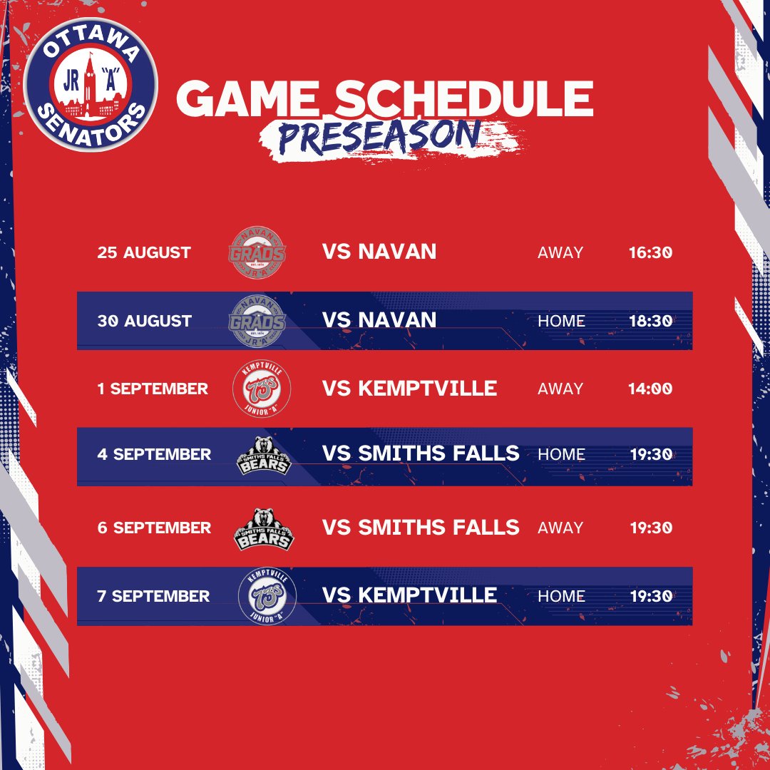 OttawaJrSens's tweet photo. Save the dates and plan ahead people! Here is our full preseason schedule! 

We kick off the CCHL preseason this Sunday with a game against last year's championship-winning Navan Grads

#OJS #JrSenators #CCHL #JrAhockey https://t.co/wwFHV9vNxs