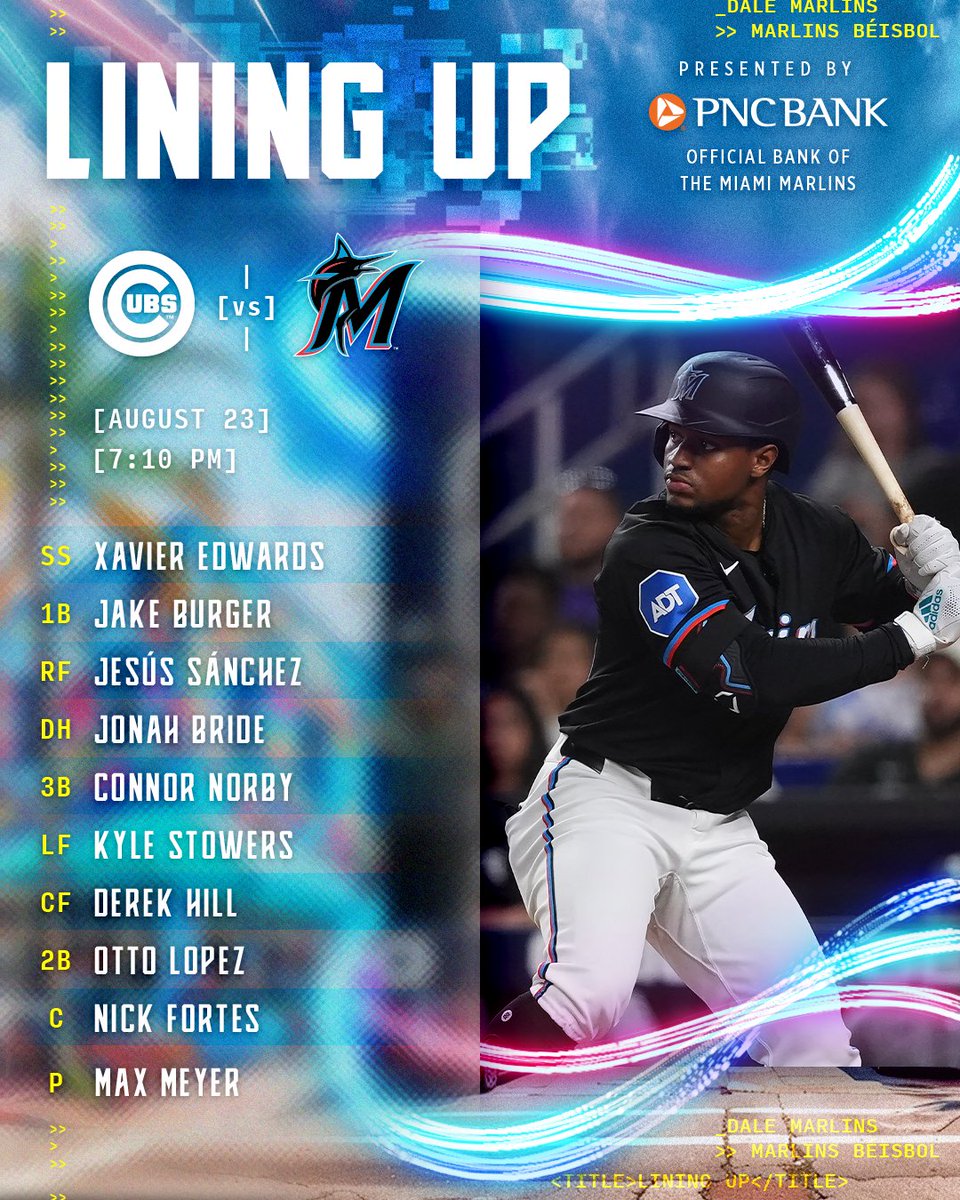 Marlins's tweet photo. Tonight's Lineup.

🤝: @PNCBank 
📺: @BallySportsFL, @BallyMarlins 
👂: @MarlinsRadio, @FoxSports940 
⏰: 7:10 PM ET 

#HomeOfBeisbol // https://t.co/5rOTQv6054 https://t.co/F4vztmCGJ5