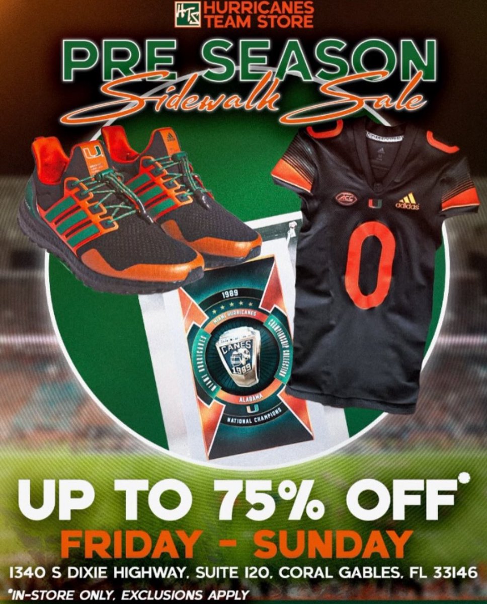 Hill (@dbu_hill) on Twitter photo Get ready for football SZN this weekend at the <a href="/MiamiHTS/">Miami Team Store</a> Preseason Sidewalk Sale! Get select Canes gear up to 75% off from Friday to Sunday, and meet Sebastian on Saturday at 2 PM Get ready for football SZN this weekend at the <a href="/MiamiHTS/">Miami Team Store</a> Preseason Sidewalk Sale! Get select Canes gear up to 75% off from Friday to Sunday, and meet Sebastian on Saturday at 2 PM
