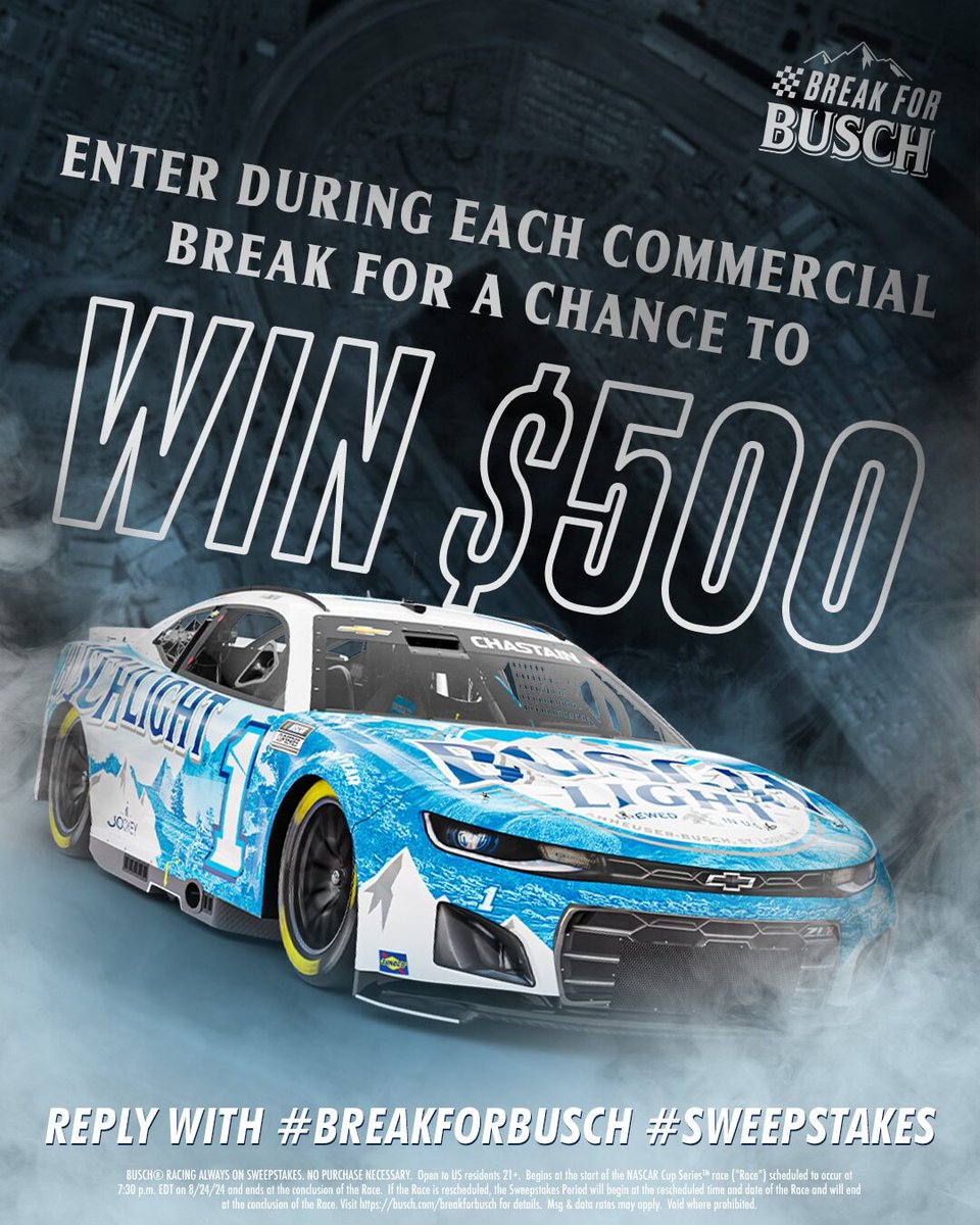 BuschBeer's tweet photo. DON’T STOP BREAKIN! @DAYTONA 🚨​

Reply during the remaining #CokeZeroSugar400 commercial breaks using #BreakForBusch #Sweepstakes to enter for a chance to win $500! https://t.co/4dDC3h7Swe