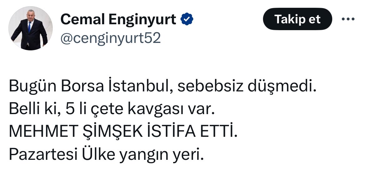 Borsa da manipülasyon yapmak suçtur.
Türk Devletine yapılan bu ihanetin bedelini sormakta, Türkiye Cumhuriyeti'nin savcılarının görevidir!

"Cemal Enginyurt Tutuklansın"