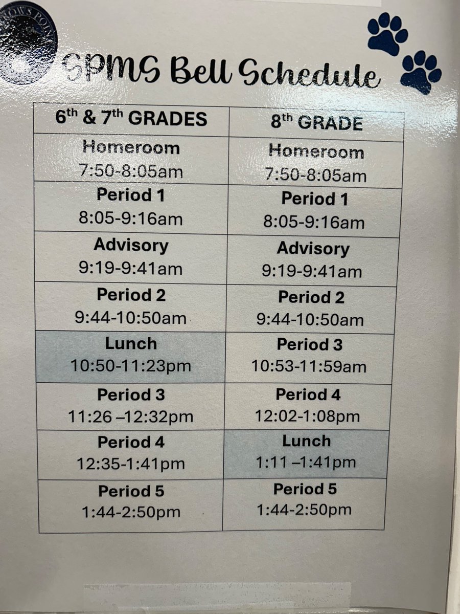 Have a wonderful weekend ! We can’t wait to welcome all our students back on Monday!! 🐾💙

✨Attached is our bell schedule, doors open at 7:50am and the late bell rings at 8:05am