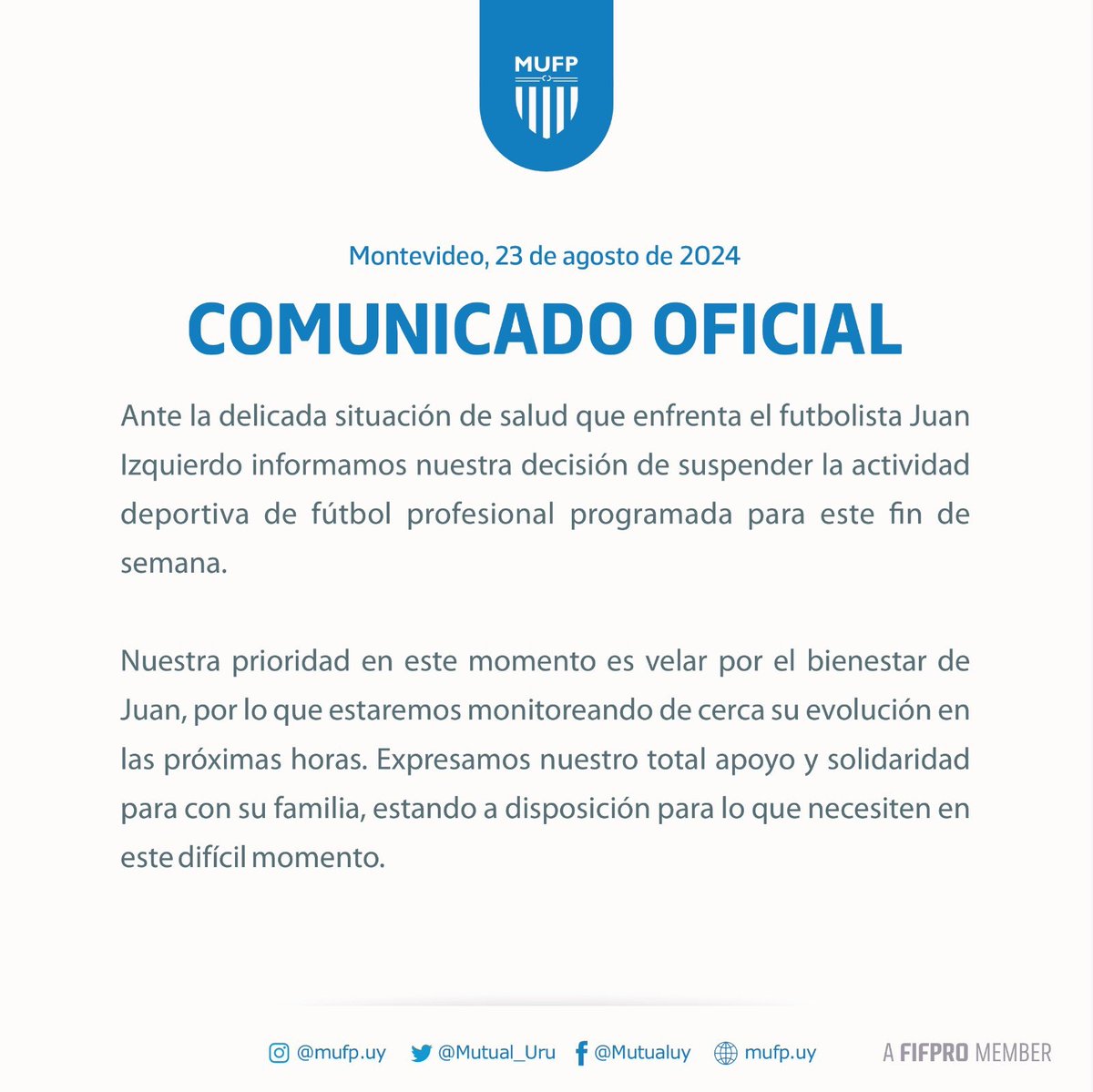 🚨SUSPENDIDA LA FECHA 2 POR EL TORNEO CLAUSURA:

Según el comunicado oficial de MUFP se ve suspendida la segunda fecha del torneo clausura debido al incidente que tuvo el jugador de Nacional Juan Manuel Izquierdo ayer en el enfrentamiento contra Sao Paulo. Fuerzas💪🏼