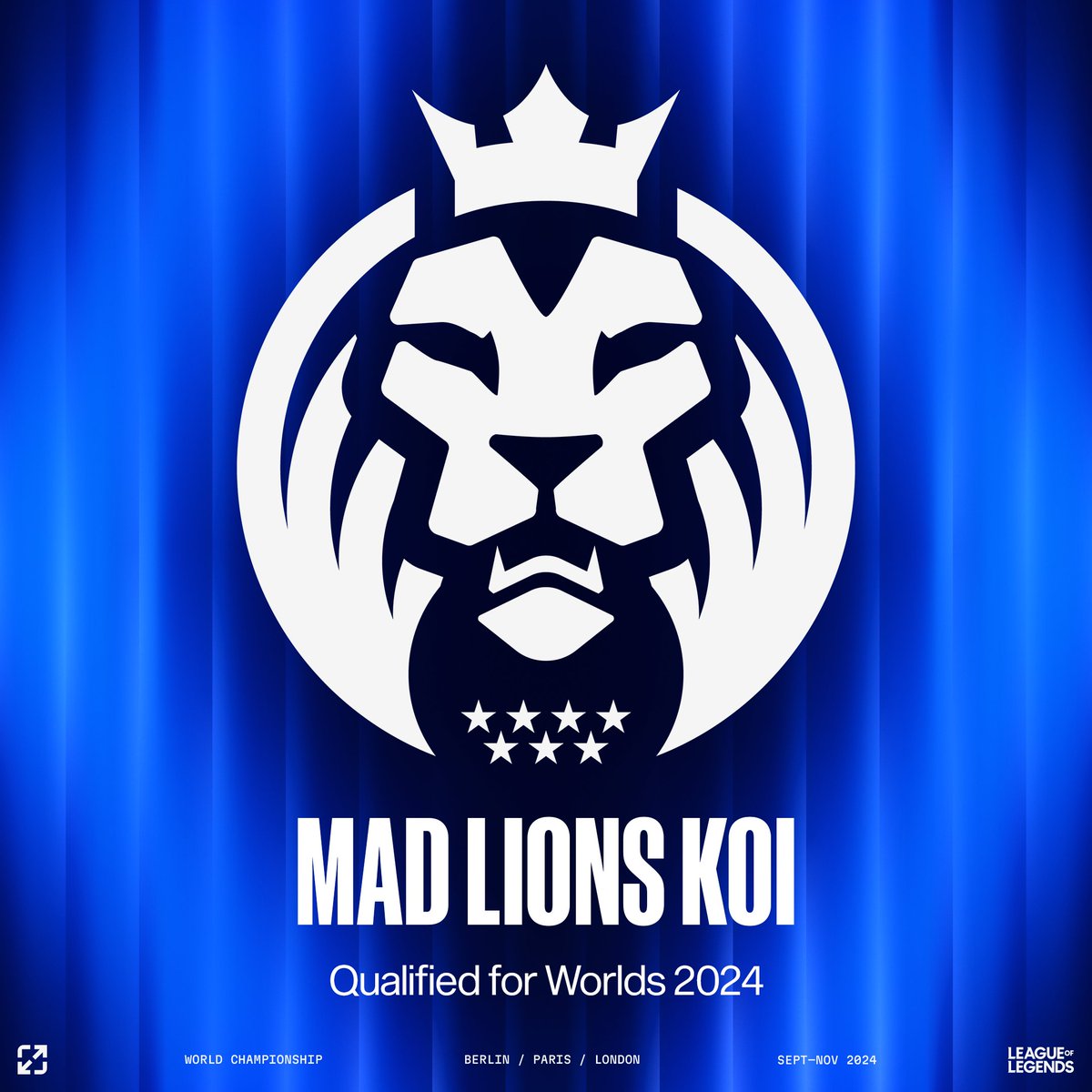 lolesports's tweet image. WELCOME TO #WORLDS2024:

Congratulations to @MADLionsKOI_en on qualifying for the 2024 League of Legends World Championship!