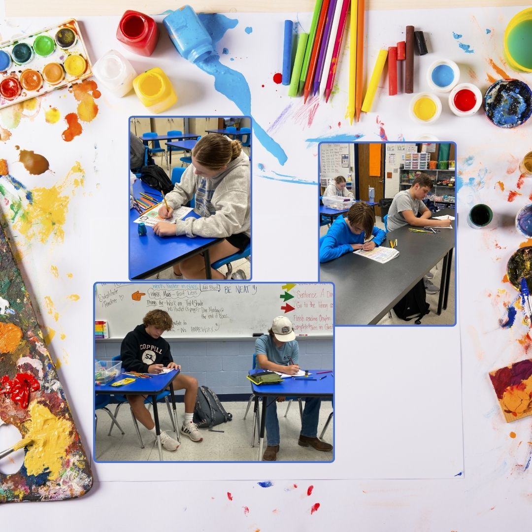 Junior High art students working on color schemes and shade value scales.