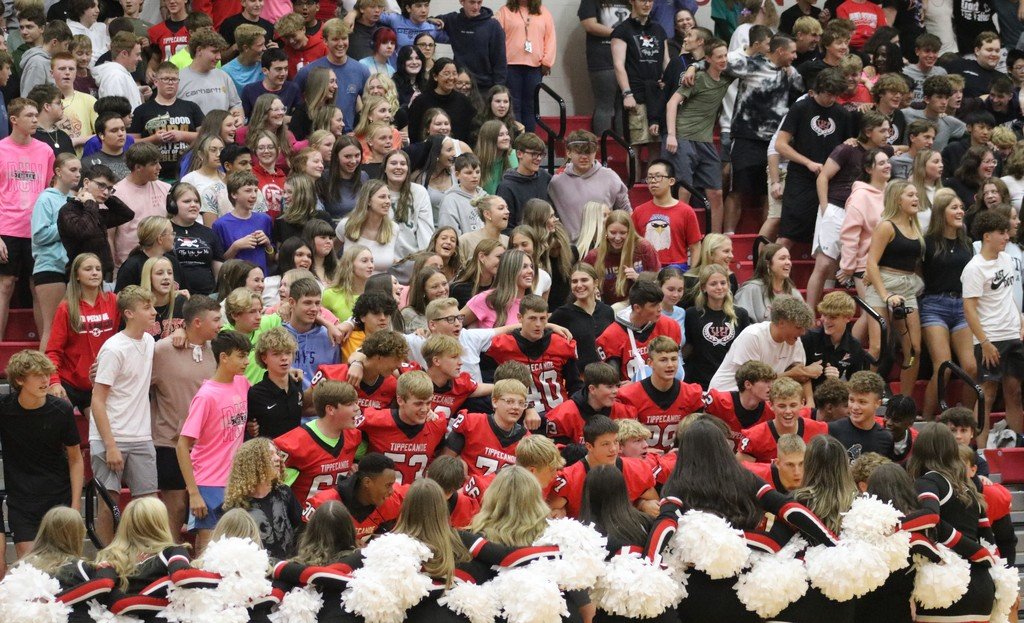 TippCitySchools's tweet photo. 🏈💥Tippecanoe High School students were pumped at today's Red Devil Rally. They are hyped and ready to bring the heat for tonight's home football game! 🏈💥Let’s pack the stands, bring the cheers, and show our team spirit! 🙌#WEareTIPP #homefootballgame #fridaynightlights https://t.co/67Wmcjlsrr