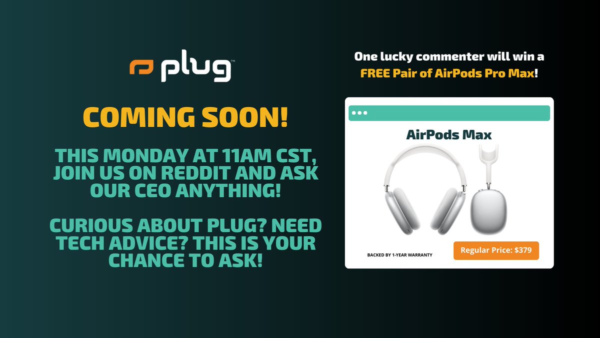 plugbettertech's tweet image. 🚨 Exciting News! 🚨 Plug’s CEO, Oday Alyatim, is hosting an AMA this Monday at 11am CST! 🎉 Got questions? Want insights? Now’s your chance! Plus, one lucky participant will win a pair of AirPods Max! 🎧 Don’t miss out! 

reddit.com/r/PlugTech/com…

#AskMeAnything #PlugTech…