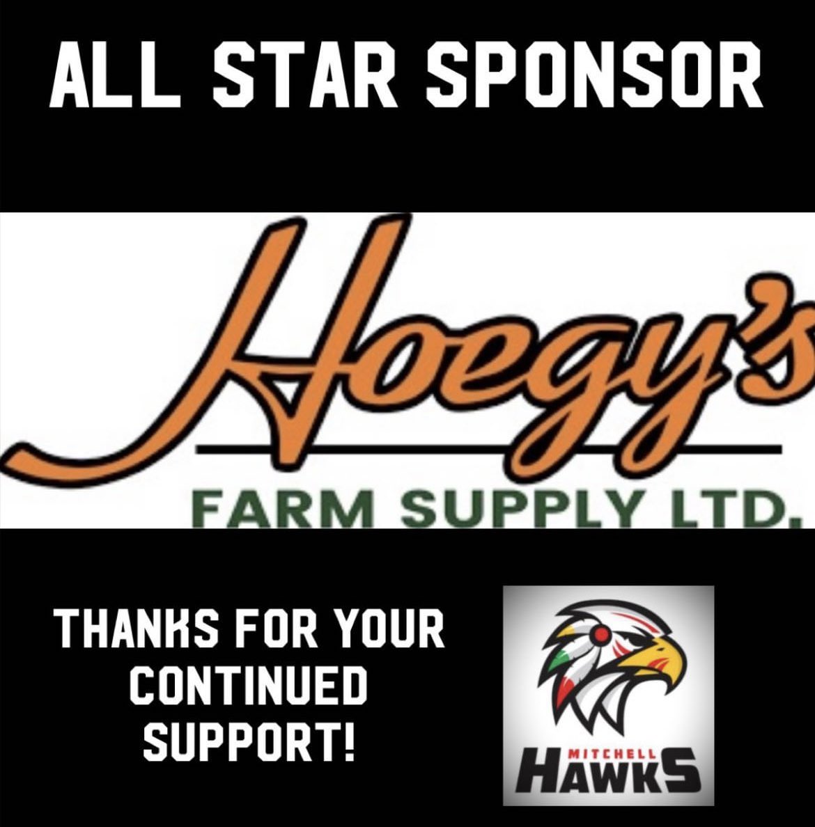 MitchellHawks's tweet image. The Mitchell Hawks are happy to announce the Partnership with Hoegy’s Farm Supply as an Allstar sponsor for the upcoming season! Thank you to the Hoegy Family for the support.