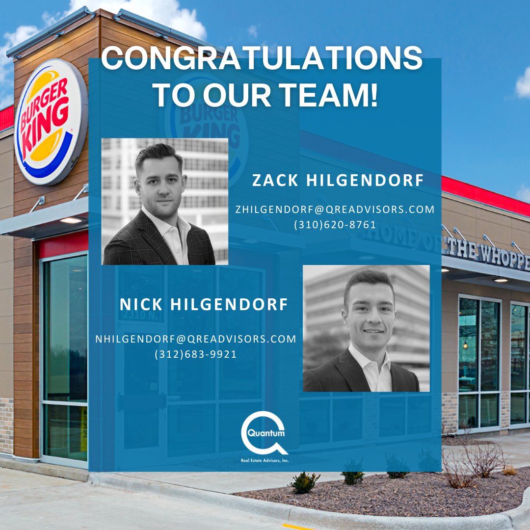 JUST CLOSED! Our team represented a Southeast-based developer in the purchase of a portfolio of 6 former Burger Kings locations.

Congratulations to <a href="/ZackHilgendorf/">Zack Hilgendorf</a> and Nick Hilgendorf for their work on this transaction!

#QREAdvisors #RealEstate #Retail #SingleTenant #Closings