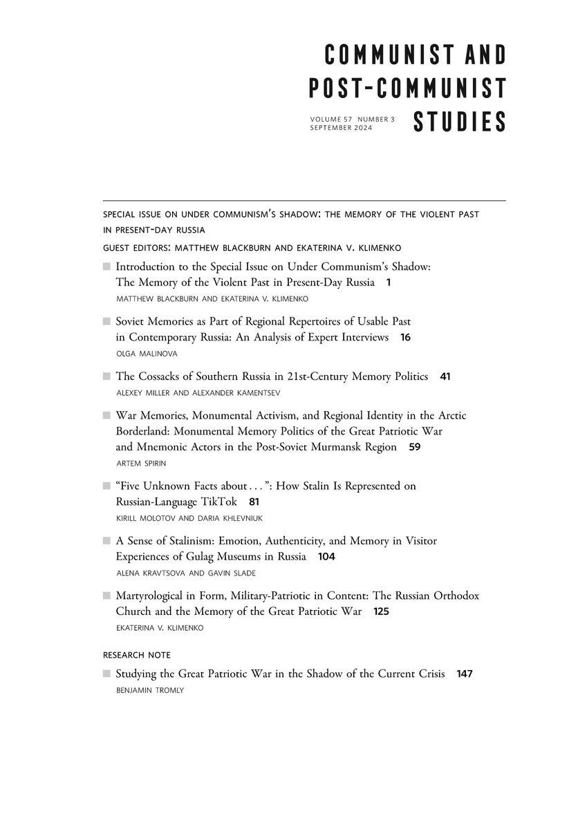 cpcs_journal's tweet photo. 🚨The September issue of CPCS is online! 🚨

Featuring a special issue on "Under Communism's Shadow: The Memory of the Violent Past in Present-Day Russia," guest edited by Matthew Blackburn (@MJMBlackburn81) and Ekaterina Klimenko. 

https://t.co/STiAe8uQ3l https://t.co/dleJacG3d8