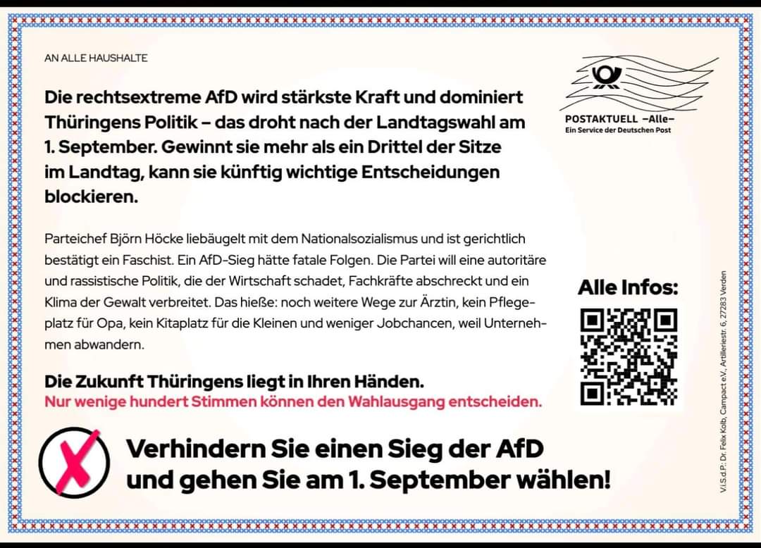 IrisRoder42813's tweet photo. Vielen Dank an Felix #Kolb, #Campact e.V.
‼️Diese Postwurfsendung ging an so einige Haushalte in #Thüringen.
Der rechtsextreme Haufen der #AfD tobt‼️ https://t.co/59rbmeo0Cl
