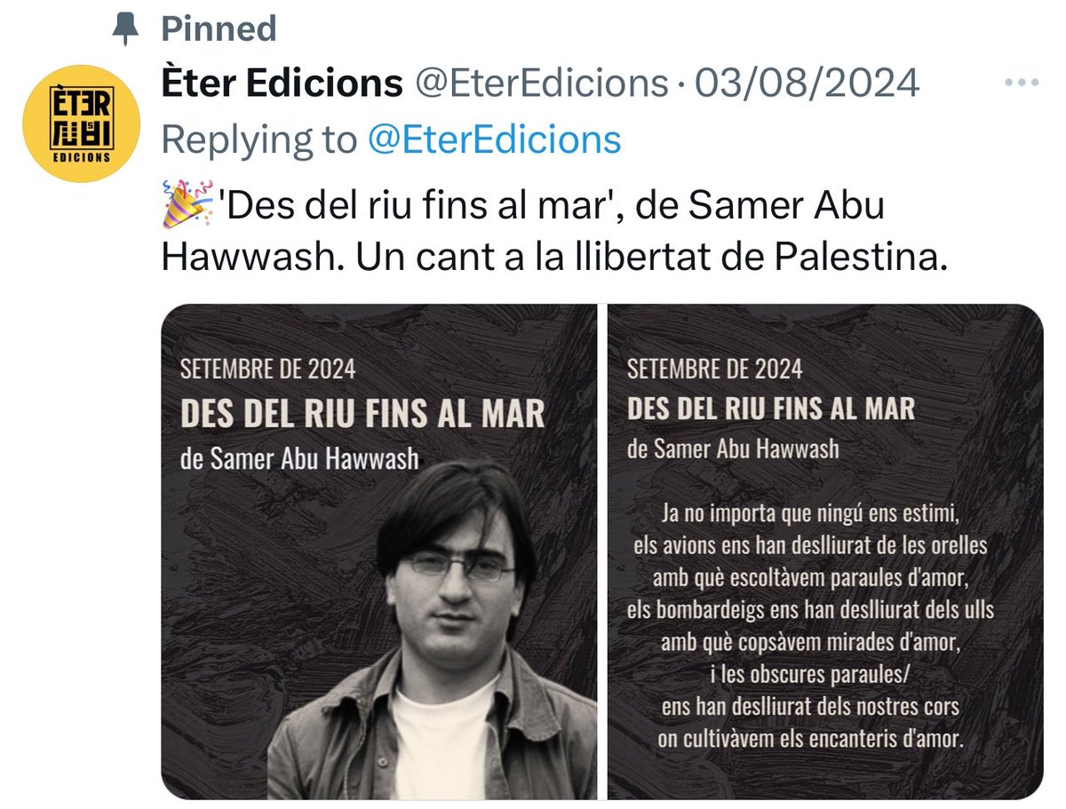 أولى قراءات "من النهر إلى البحر" الذي يصدر في أيلول باللغة الكاتالانية، عن دار <a href="/EterEdicions/">Èter Edicions</a> في برشلونة... شكرا للقائمين على مهرجان "تيرا دي فيرسوس" في "ريبول" ولدار نشر "إيتر" وللصديقين الشاعرين العزيزين <a href="/bitari_m/">M.Bitari</a> و <a href="/OriolRissech/">ORissech</a> على جهودهما.