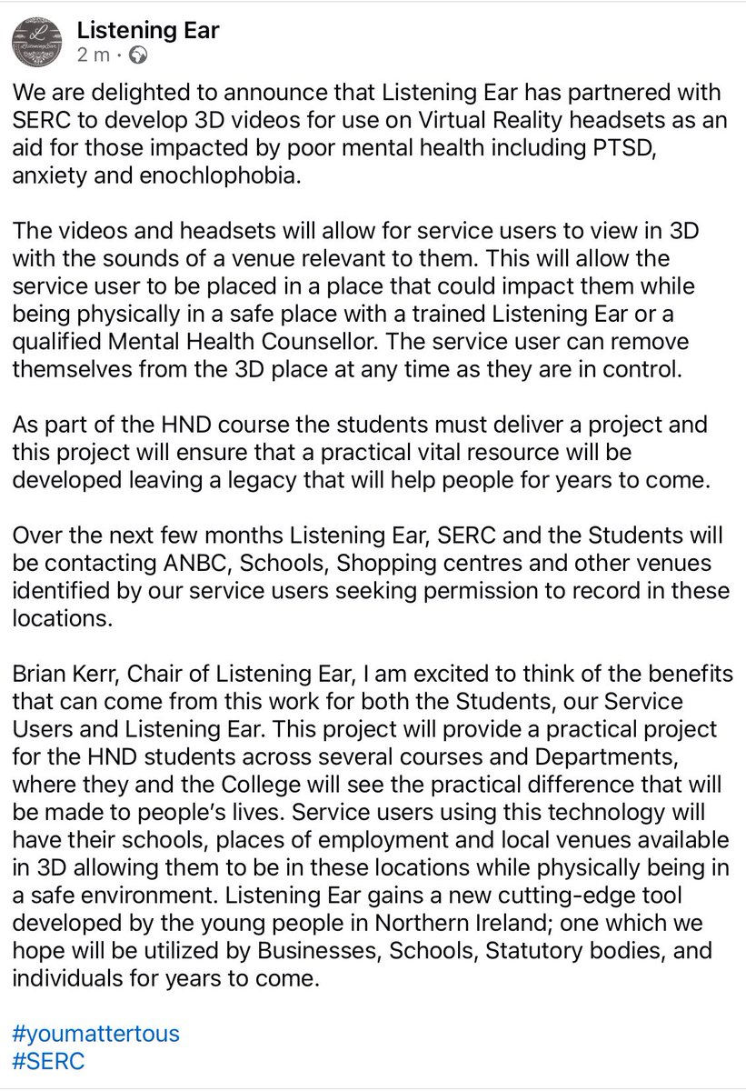 ListeningEar9's tweet image. Partnering with SERC &amp;amp; HND students to bring a new tool to support those impacted by poor mental health.
We will keep you posted as this project grows.

#youmattertous
#SERC