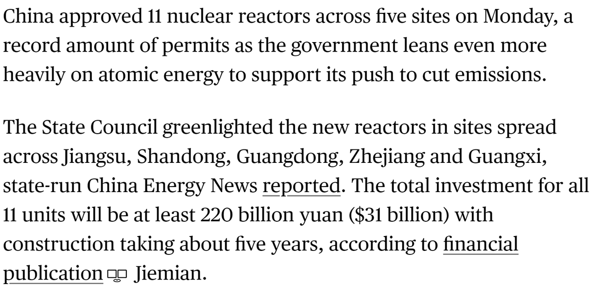 The US has approved 5 nuclear reactors this century, 2 of which were later cancelled due to costs. Vogtle 3/4 came online 15 years after govt approval and cost $31 bln.

China approved 11 reactors this week that are expected to cost $31 bln collectively and be ready in 5 years.