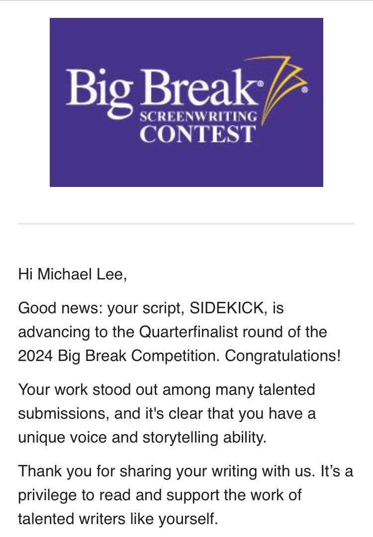 Michael Lee Barlin 🇺🇦 (@mleebarlin) on Twitter photo First time I placed in Big Break from <a href="/finaldraftinc/">Final Draft</a>! Honored to be in the Quarterfinals and I’m glad this story is getting some love! It’s a tentpole script at a time when it’s hard to shop anything around in Hollywood, let alone a tentpole script! #BigBreak #FinalDraft First time I placed in Big Break from <a href="/finaldraftinc/">Final Draft</a>! Honored to be in the Quarterfinals and I’m glad this story is getting some love! It’s a tentpole script at a time when it’s hard to shop anything around in Hollywood, let alone a tentpole script! #BigBreak #FinalDraft