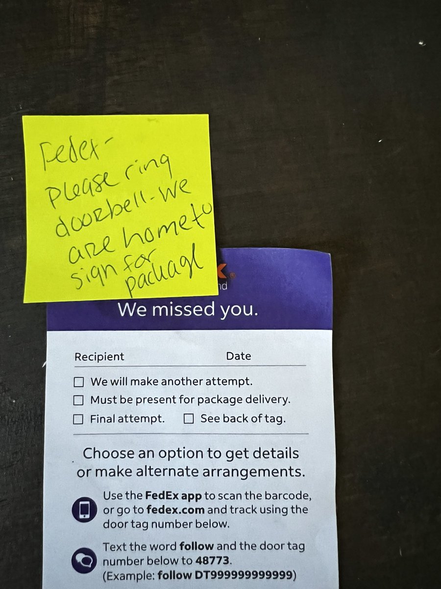 hol_e55's tweet photo. Learn from my mistake. Asking @fedex to ring the doorbell results in them not ringing the doorbell. At least they left a note because yesterday there was nothing. https://t.co/XiLIKywz0f