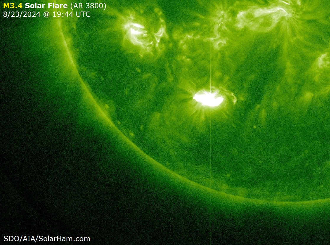 M3.4 solar flare observed around AR 3800 at 19:44 UTC (Aug 23). SolarHam.com