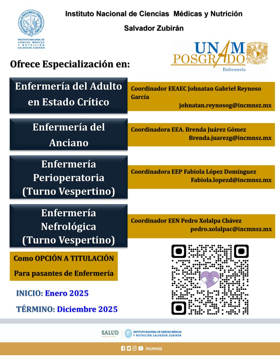 incmnszmx's tweet photo. * * * CONVOCATORIAS * * *
Ingresa al Programa Único de Especialización en Enfermería
Informes y dudas al correo electrónico de la convocatoria que te interese. https://t.co/lBtVoETKS6