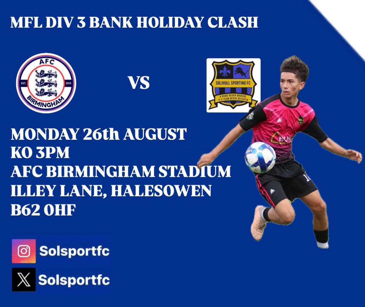 BANK HOLIDAY DOUBLE HEADER : 
We face 2 <a href="/MidlandLeague/">Capelli Sport Midland Football League</a> games over the bank holiday weekend as on Saturday we host <a href="/LeamingtonHibs/">Leamington Hibernian FC</a>  and on Monday face a tough trip to <a href="/AFCofficialsite/">AFC Birmingham</a>  … both are 3pm ko , come support the lads 🔵🟡⚽️