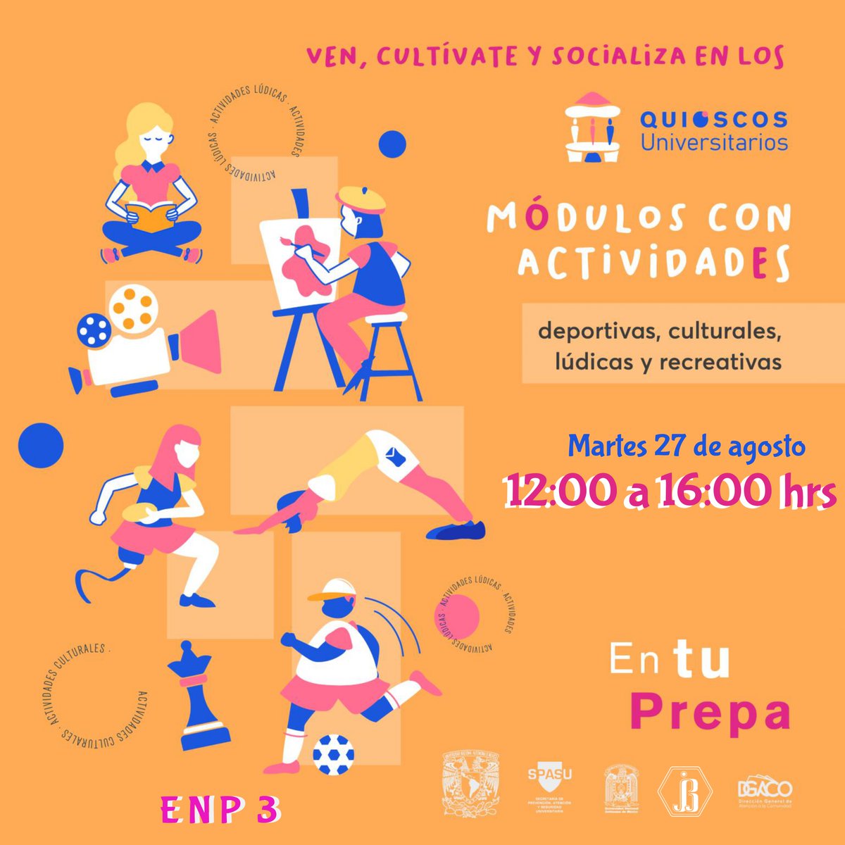 Comunidad_UNAM's tweet photo. 🎪 ¡#ComunidadUNAM de #ENP3 Justo Sierra! ¡Alístense para disfrutar y compartir su tiempo de esparcimiento, porque los #QuioscosUniversitarios están de vuelta!
¡La programación estará muy rifada! ¿Le caen?😉
🗓️27 de agosto 🕛 de 12:00 a 16:00 hrs. https://t.co/wDgQPunsEl