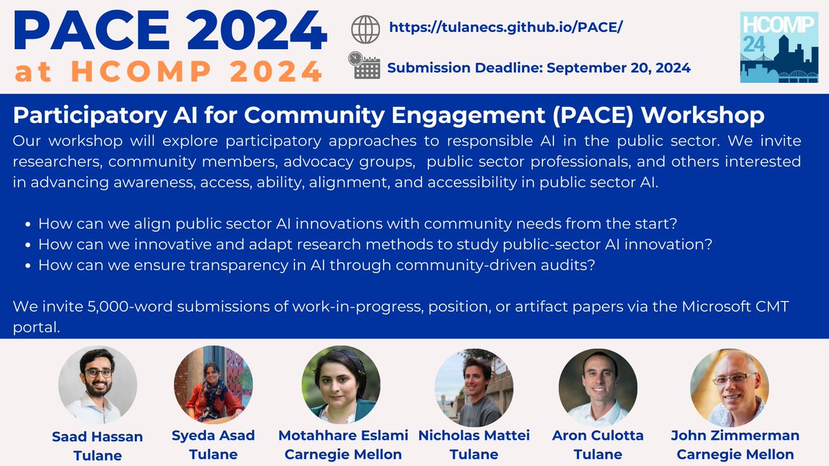 Saad Hassan (@saadhassann) on Twitter photo Interested in humans, AI, and community engagement? Join us at the PACE workshop at <a href="/hcomp_conf/">HCOMP 2024</a> in Pittsburgh to dig into key problems like public-sector AI innovation, community-engaged auditing, and civic systems accessibility. Submission deadline: September 20 #HCOMP2024! Interested in humans, AI, and community engagement? Join us at the PACE workshop at <a href="/hcomp_conf/">HCOMP 2024</a> in Pittsburgh to dig into key problems like public-sector AI innovation, community-engaged auditing, and civic systems accessibility. Submission deadline: September 20 #HCOMP2024!