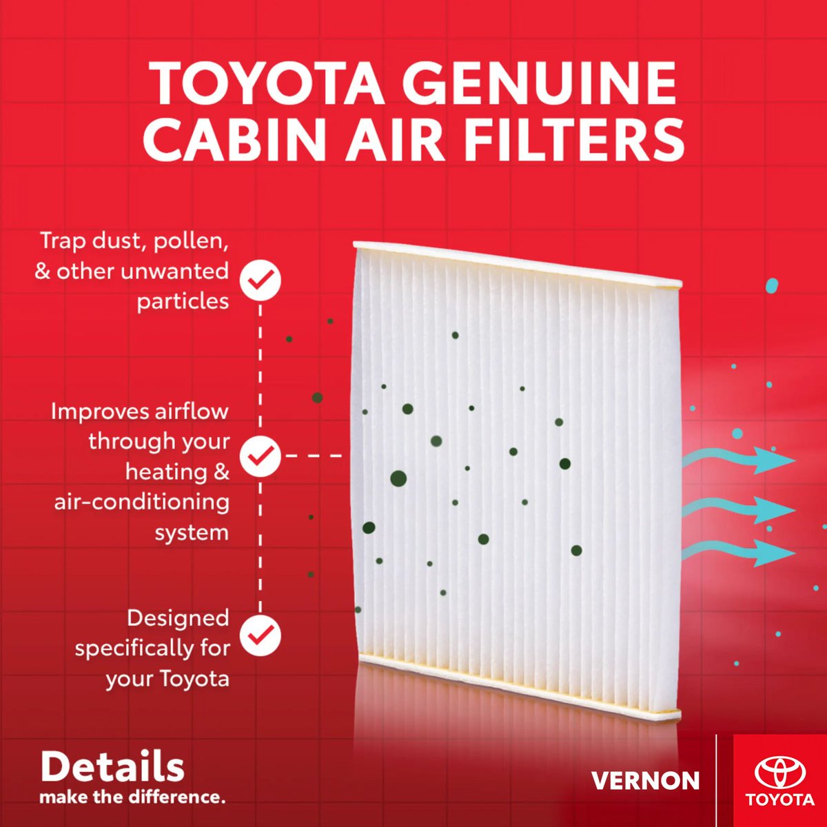 VernonToyota's tweet photo. Keep the air in your Toyota fresh and clean by regularly changing your cabin air filter! A clean filter helps remove dust, pollen, and pollutants, ensuring a healthier ride for you and your passengers. https://t.co/Vv8xBA7mwY