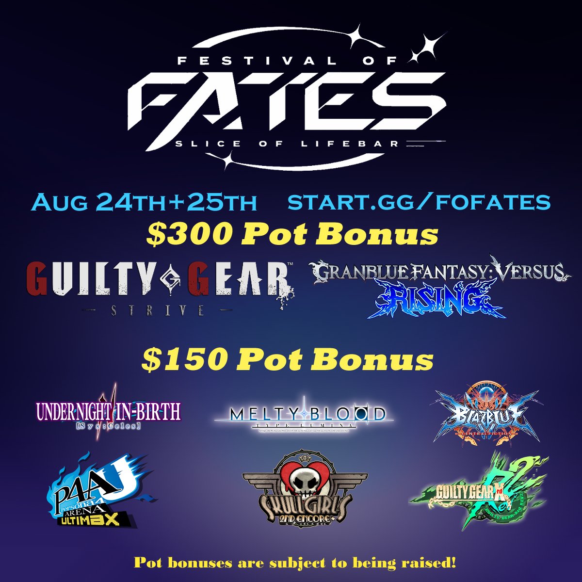 As a Reminder: **There is No Onsite Registration for Festival of Fates**

🚨HOWEVER, we just opened an EMERGENCY REGISTRATION period that ends TONIGHT at Midnight!

Please spread the word. This will be the final registration period for this event.

start.gg/fofates