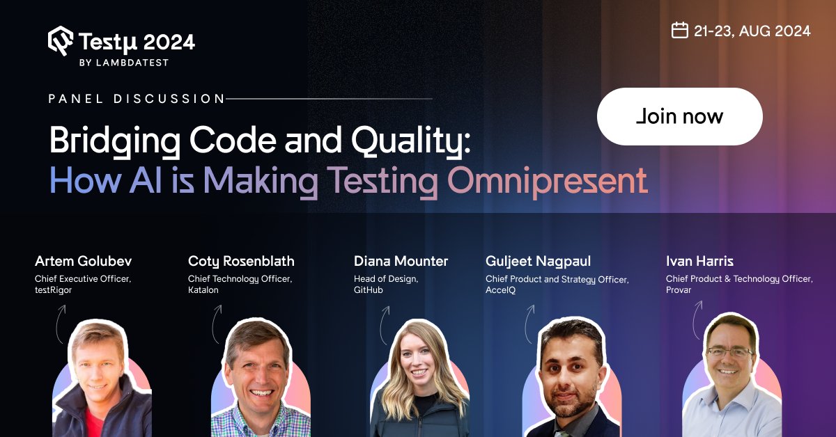 lambdatesting's tweet image. 🎤 Ready to see how AI is reshaping software testing? Join our interesting panel discussion now live at #TestMuConf 2024 🔗bit.ly/3YPf6NS and discover how AI is turbocharging test automation and defect detection. 

#TestμConference #Conference #SoftwareTesting