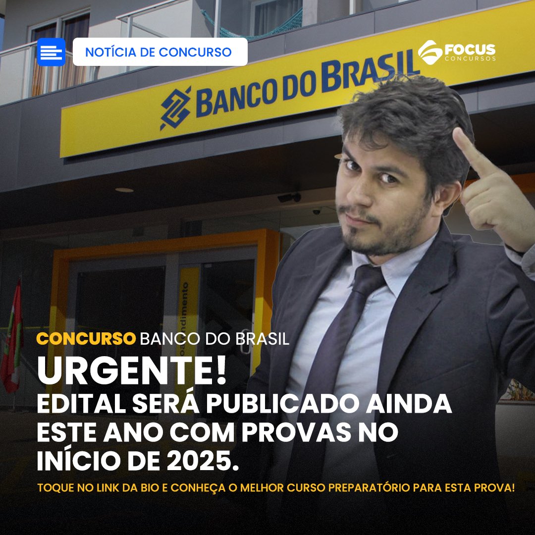 Um novo concurso Banco do Brasil deve ter edital publicado ainda este ano, com provas previstas para o início de 2025.

#focusconcursos #concursos2024 #bancodoBrasil