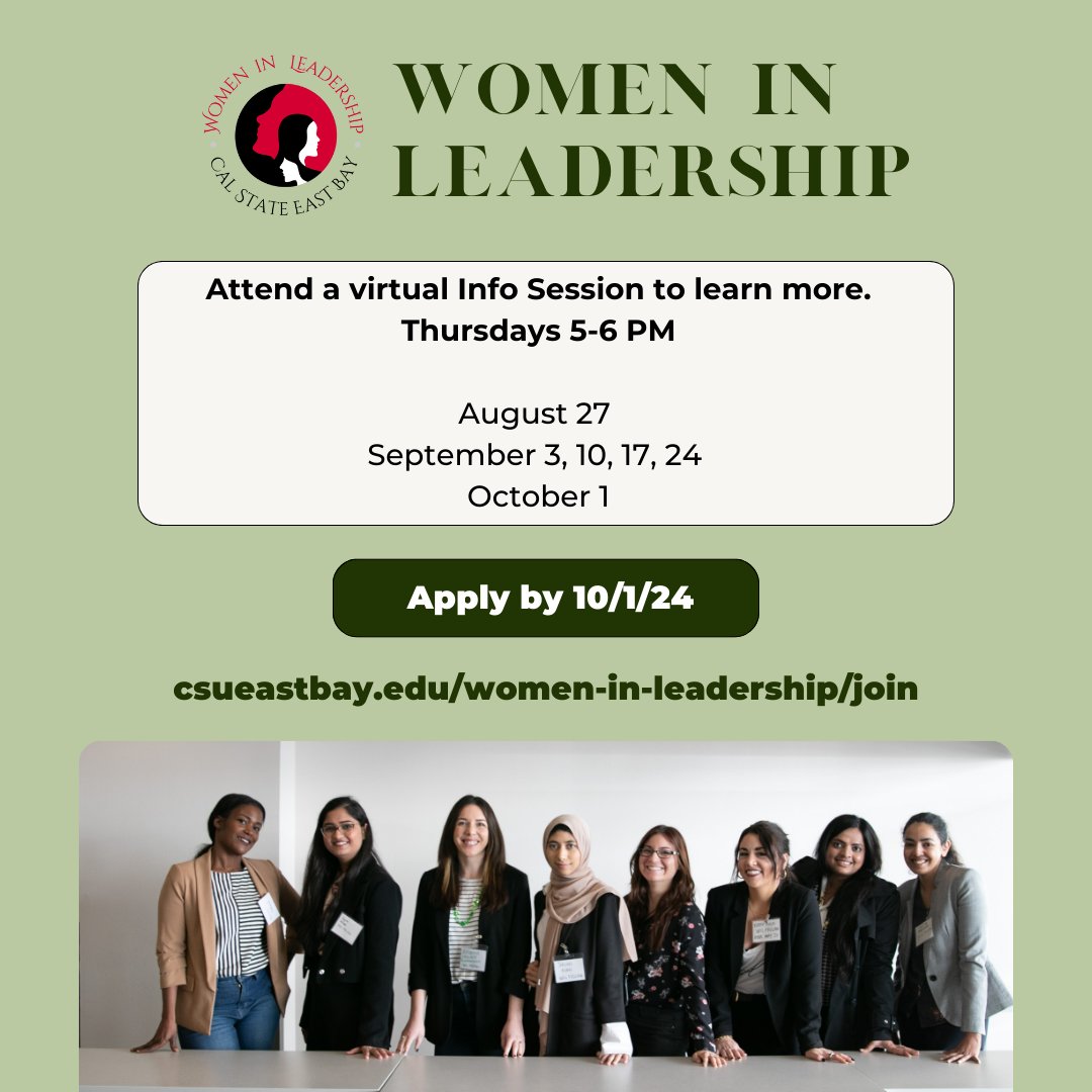 Join us at the forefront of the Women in Leadership movement and lead the way toward a more inclusive and equitable future! 💪🌟

Applications due  October 1, 2024. 

Info Sessions, Thursdays 5-6 PM, 8/27, 9/3, 10, 17, 24, and 10/1 

csueastbay.edu/women-in-leade…